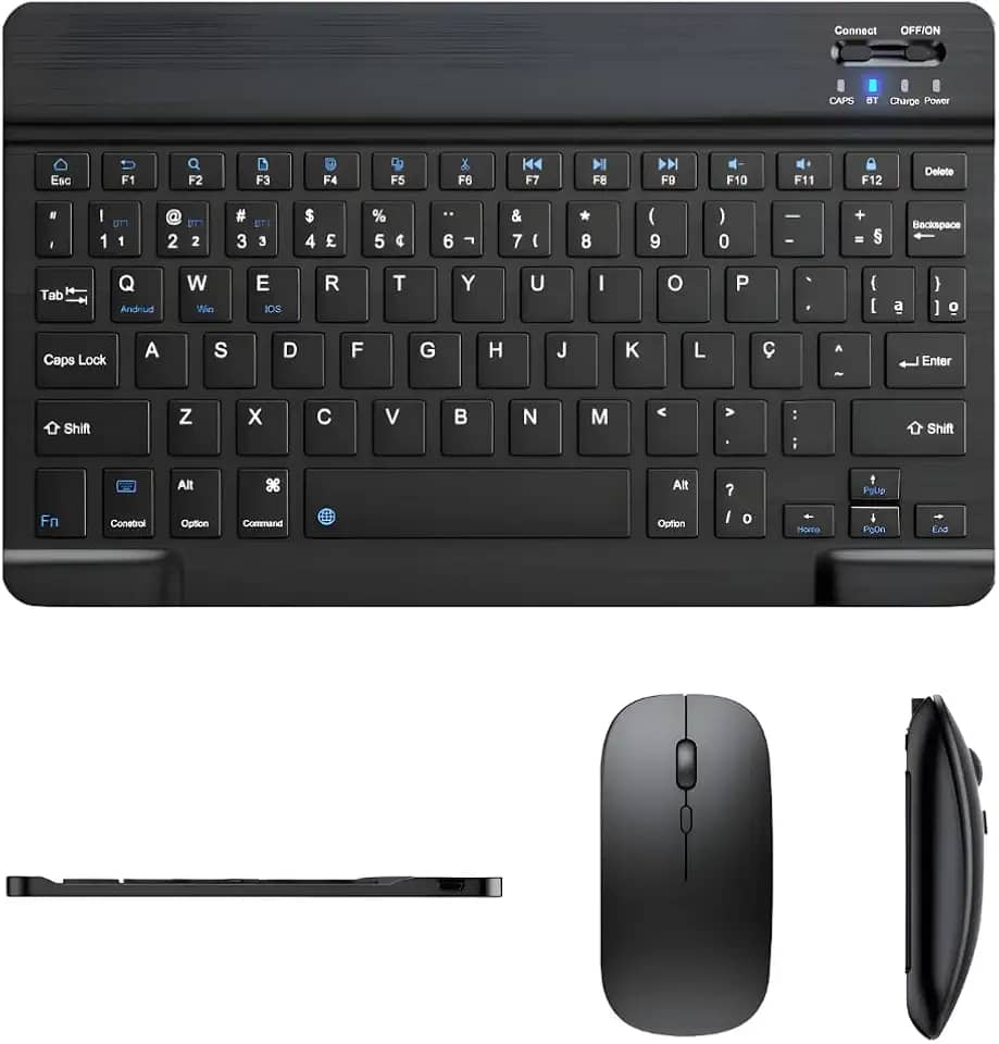 Teclado E Mouse Bluetooth Recarregáveis – Design Slim, Silencioso E Ergonômico Para Escritório E Casa Para Computador, Tablet E Laptop Ipad | Kit Premium Sem Fio 2 Em 1 (Preto)