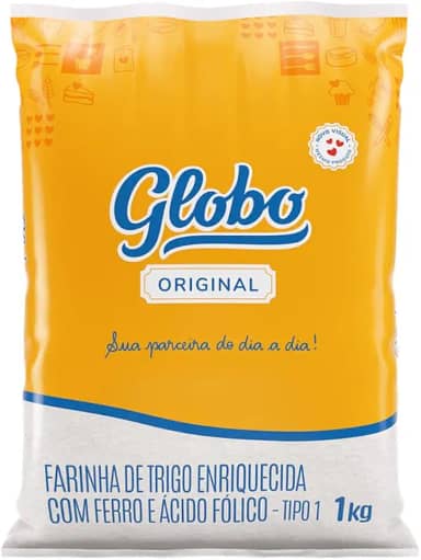 Farinha de Trigo de 1 Kg, Tipo 1, Embalagem Plástica, Globo Original.