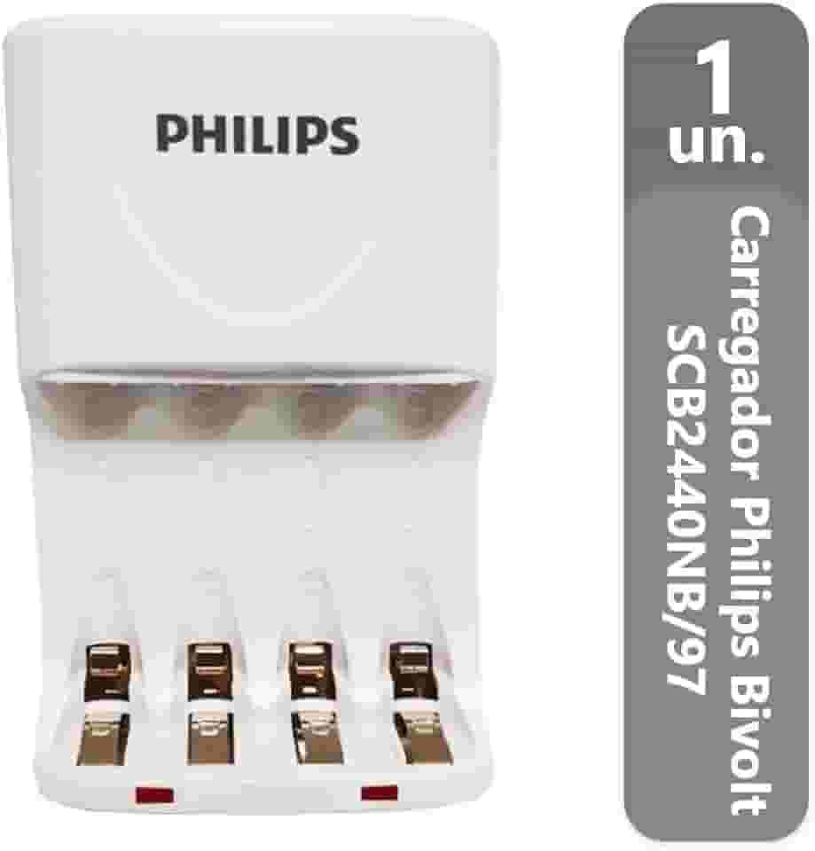 Carregador de Pilhas Philips AA AAA SCB2440NB Desligamento Automático Led Bivolt Inmetro