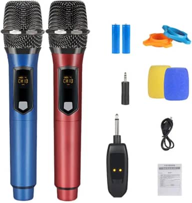Microfone Sem Fio Duplo Profissional, Sinal 2.4g, Kit com 2 Microfones de Mão com Display Digital, Receptor Sem Fio, para Karaokê, Eventos e Palestras
