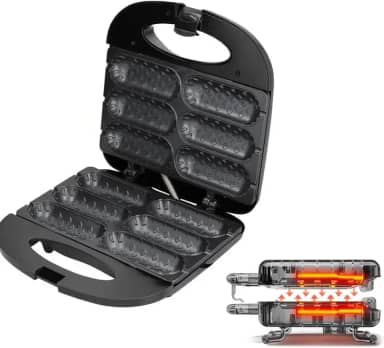 Crepeira Elétrica Antiaderente 6 Cavidades, Preta e Inox, Máquina para Crepes e Hot Dogs com Aquecimento Duplo