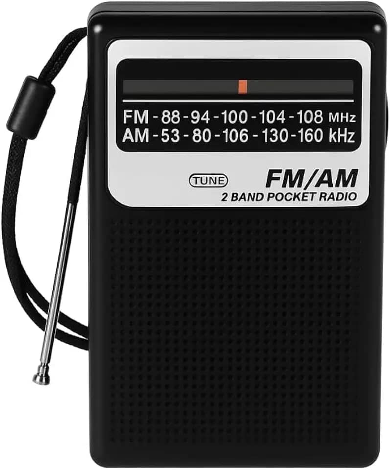 Mini Rádio Retrô de Bolso FM/AM 2 Bandas | Portátil, Vertical, Entrada P2 | Recarregável Tipo-C ou Pilha AA | Antena Retrátil Preto ou Prata