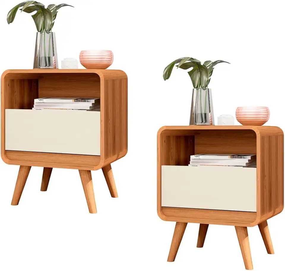 Kit 2 Mesas de Cabeceira Retrô com Gaveta Channel - Nature com Off White