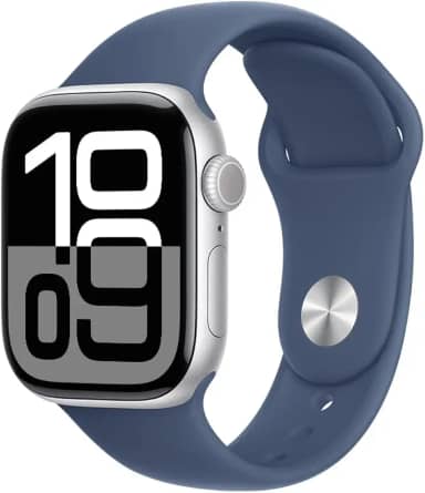 Apple Watch Series 10 GPS • Caixa prateada de alumínio – 42 mm • Pulseira esportiva denim – P/M