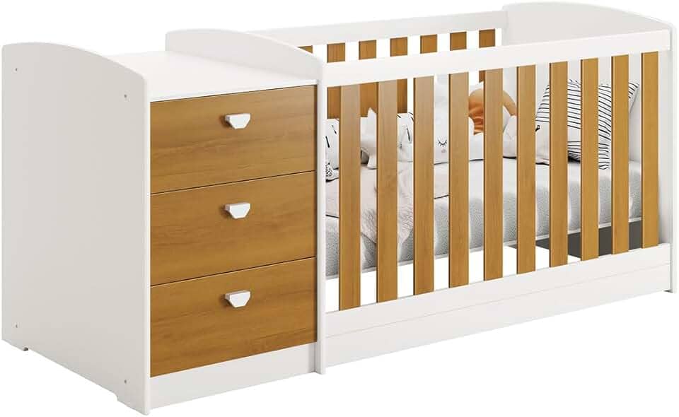 Berço Americano Multifuncional Atlanta com Cômoda 3 Gavetas Branco Fosco/Savana - Reller