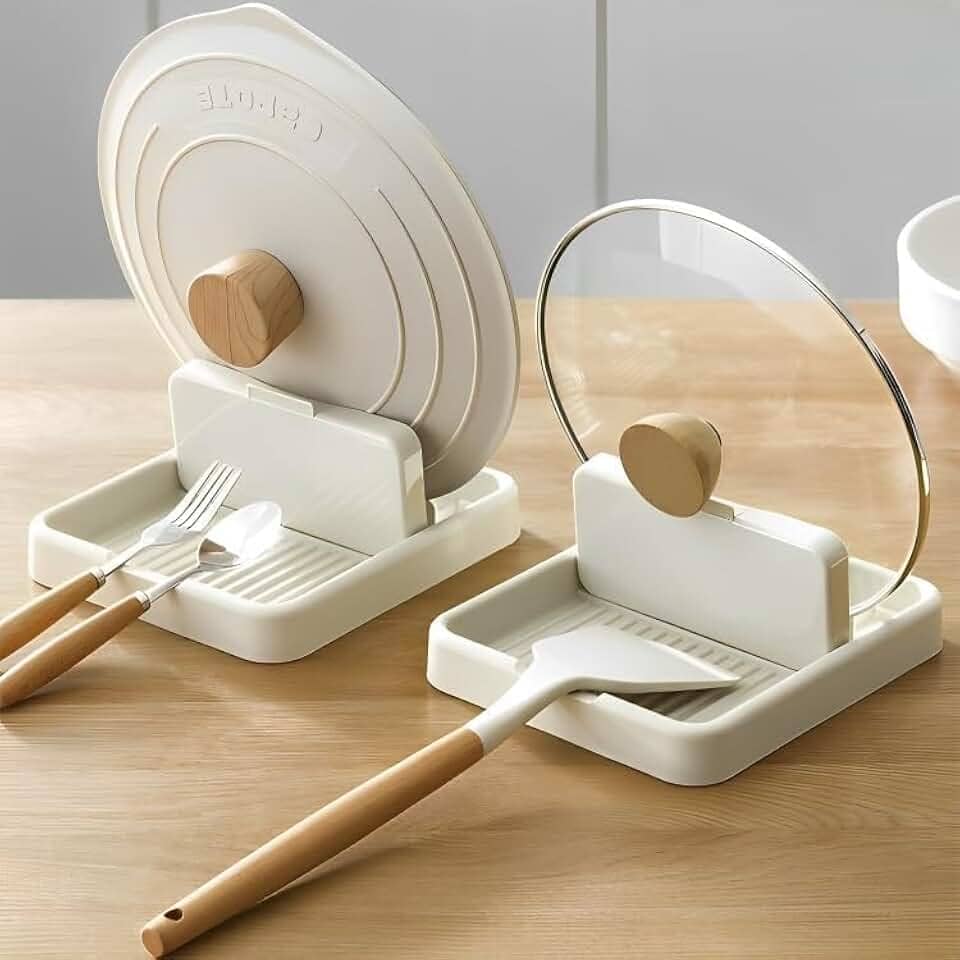 Descanso de Panela e Suporte 5 em 1 – Porta Tampas, Talheres, Temperos e Utensílios de Cozinha – Organizador Multifuncional