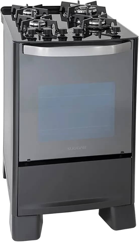 SUGGAR FOGÃO MASTER GRILL PRETO MESA DE VIDRO 4 BOCAS TRIPLA CHAMA GRILL 110V TREMPE FERRO FUNDIDO ACENDIMENTO SUPERAUTOMÁTICO FGVMTG411PT