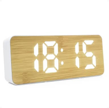 Relógio Despertador Digital de Mesa com Display LED 12/24h – Alarme, Calendário e Design Moderno em Bambu Branco para Quarto, Escritório ou Setup (Branco)