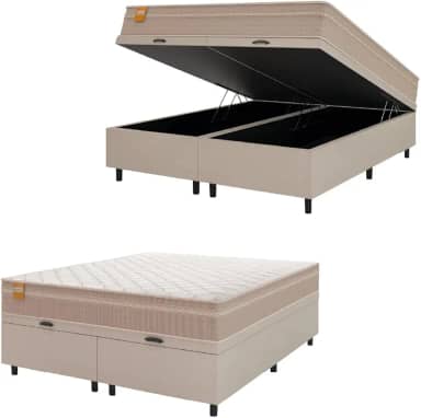 Cama Box Baú Casal Queen Colchão Molas Qatar 158x198x63cm Bege/Branco Inducol - Suporta Até 200 Kg Por Pessoa