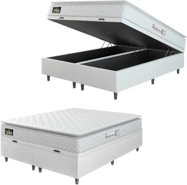 Cama Box Baú Colchão Espuma D33 Pillow Top New Millenium Branco Hellen – Suporta Até 120 Kg Por Pessoa (Queen 158x198x60)