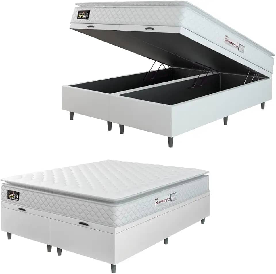 Cama Box Baú Colchão Espuma D33 Pillow Top New Millenium Branco Hellen – Suporta Até 120 Kg Por Pessoa (Queen 158x198x60)