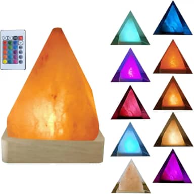 YZYOE Lâmpada USB de sal do Himalaia gradiente arco-íris, base de madeira maciça, decoração de atmosfera pirâmides, luz de sal com controle remoto, luminária noturna de cabeceira de pedra de cristal