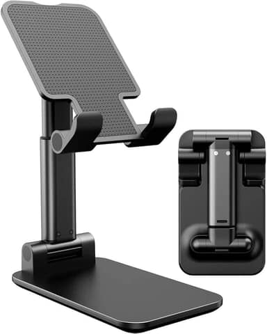 Suporte de Mesa Ajustável para Celular e Tablet – Base Antiderrapante, Dobrável, Preto, Ideal para Videochamadas e Trabalho