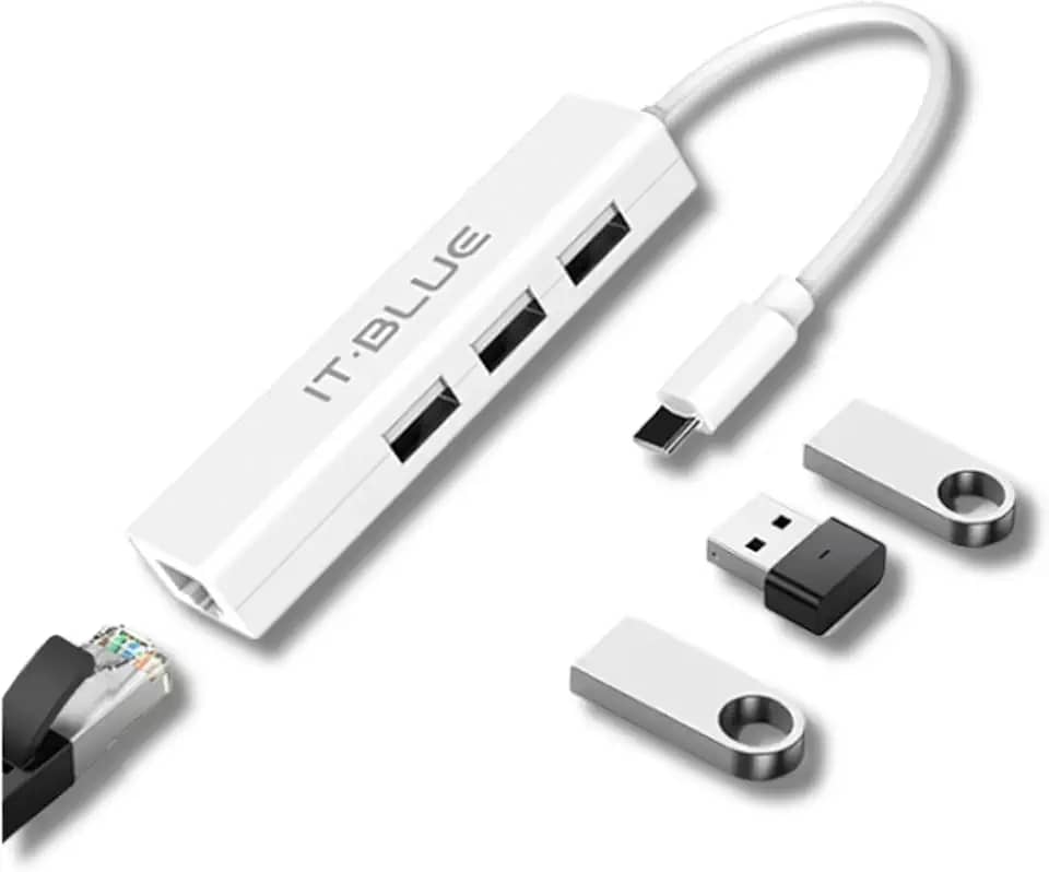 Hub USB Tipo C, 3 Portas USB 2.0, Adaptador de Rede RJ45 Gigabit 10/100/1000 Mbps, Branco