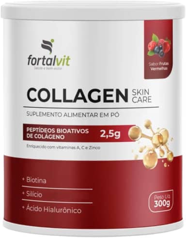 COLLAGEN SKIN - 2,5g Colágeno Verisol, Silício, Biotina, Ácido Hialurônico, Vitaminas A, C e Zinco, Frutas Vermelhas, em Pó 300g, Fortalvit