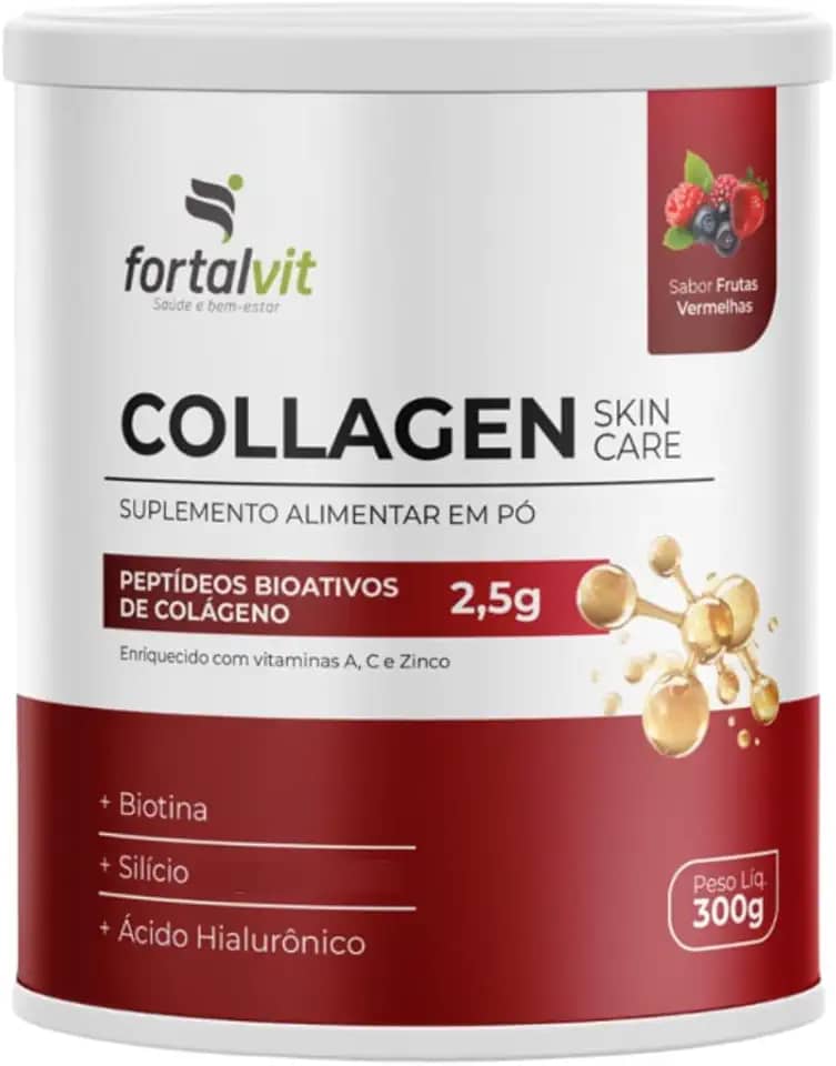 COLLAGEN SKIN - 2,5g Colágeno Verisol, Silício, Biotina, Ácido Hialurônico, Vitaminas A, C e Zinco, Frutas Vermelhas, em Pó 300g, Fortalvit