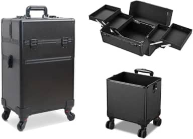 Maleta Mala de Maquiagem Profissional Com Divisórias e Rodinha 360 Graus 2 Andar Preta MS814 914P