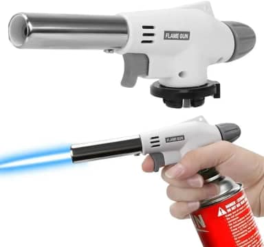 Maçarico Portátil Branco para Cozinha Gourmet, 17cm, Recarregável a Gás, com Acendimento Automático e Controle Manual de Chama, para Culinária, Confeitaria, Gratinar, Flambar e Artesanato
