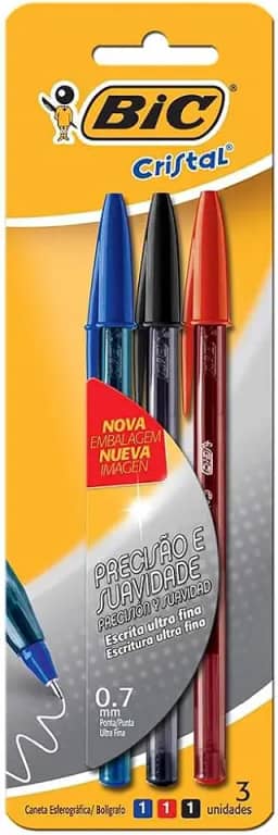 BIC, Caneta Esferográfica Escrita Fina, Cristal Fina, 3 Cores