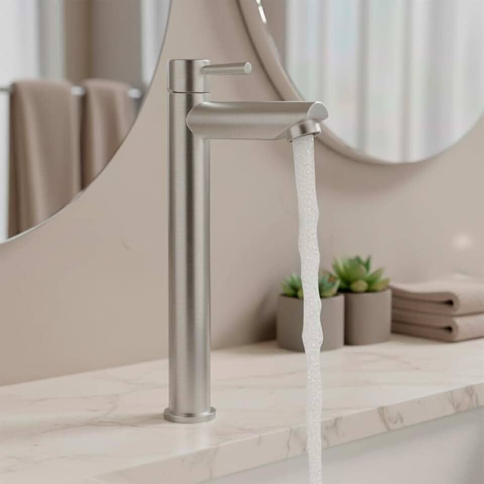 Torneira Para Banheiro De Mesa Bica Alta 1/4 De Volta Aço Inox 304 Elegance Beltempo (Aço Escovado)