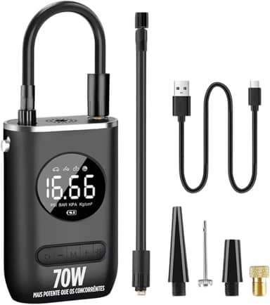 Calibrador Portátil Compressor Bomba De Ar Digital Com Lanterna LED para Encher Pneus de Carro, Moto, Bike, Bicicleta, Bola e Piscina Inflável Premium