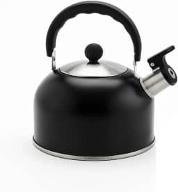 Chaleira de Metal 1,7L com Apito Preto Fosco para Fogão a Gás, Elétrico e Vitrocerâmico – Ideal para Chá e Café, Alça Resistente, Tampa de Segurança, Design Retrô e Moderna