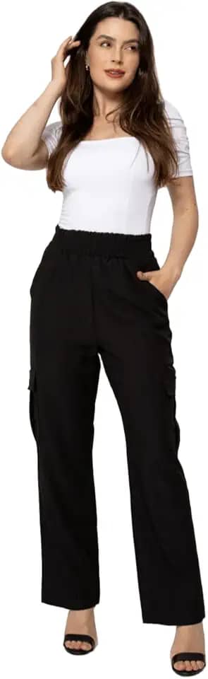 Calça Cargo Sarja Feminina Cintura Alta com Elástico CL-0019