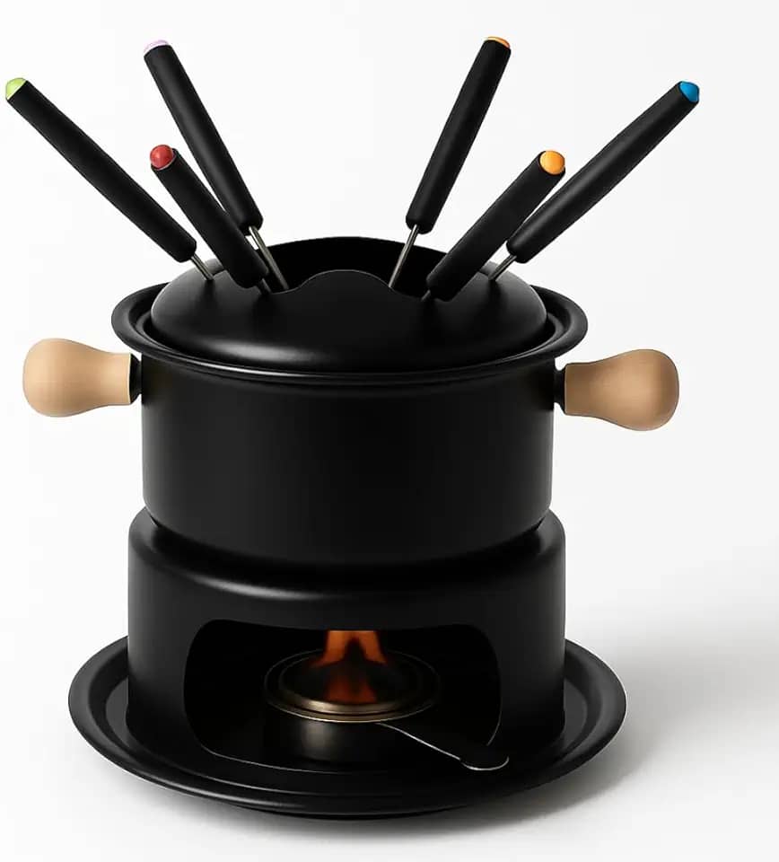 Conjunto de Fondue em Aço Inoxidável, Preto Fosco, 6 Garfos com Identificadores Coloridos, Base com Queimador, Alças em Madeira, para Queijo, Chocolate e Carnes