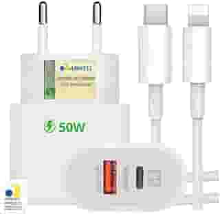 Carregador Turbo 50W Compatível iP - Phone X Xr 8 11 12 13 14 Plus Pro Max iP - Pad Duas Entradas USB e USB-c Tipo C Com Cabo Tipo C Lightning Carga Rápida Tecnologia - Fonte e Cabo Turbo 50W