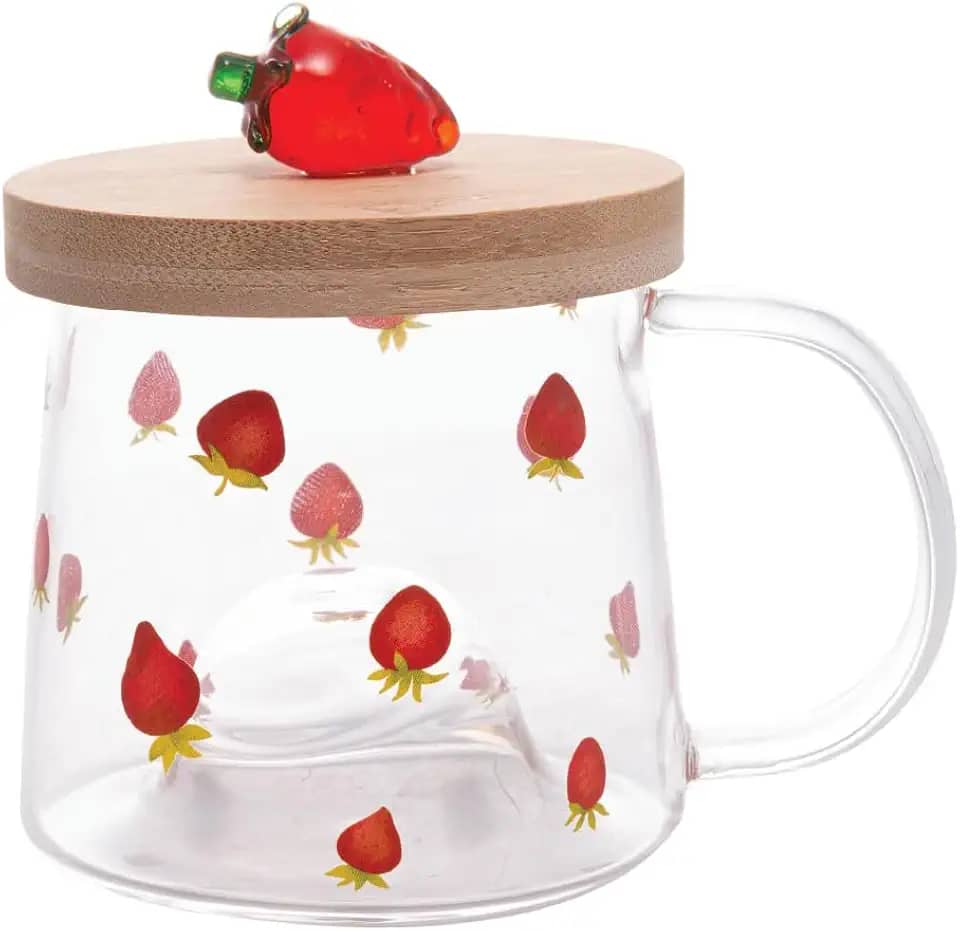 LYOR - Caneca de Vidro Borossilicato Resistente ao Calor com Pires de Bambu Morango 350ml