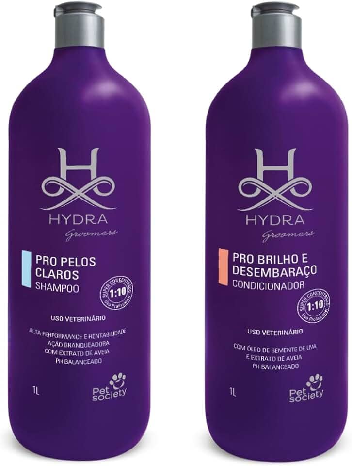 Kit Shampoo Pelos Claros e Condicionador Pro Brilho E Desembaraço 1l Hydra Groomers Pet society Cães e Gatos