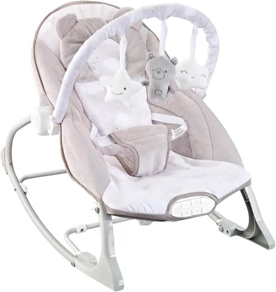 Maxi Baby, Cadeira de Descanso Bebê Musical Sons da Natureza, Caixa Vibratória, Cinto de 3 Pontos, Acompanha Travesseiro, Móbile de Brinquedos Removivel, (Até 18kgs), Polar Bege
