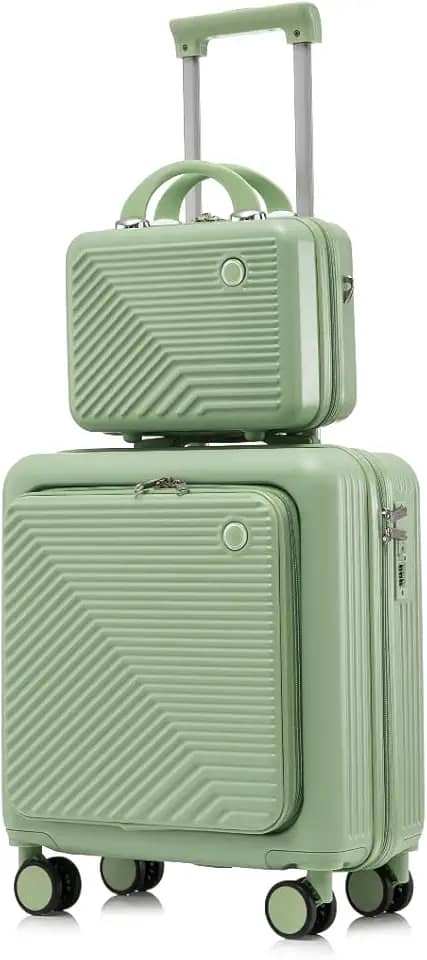 Mala De Bordo de Rodinhas + Frasqueira com Alça para Viagem - Compartimento Especial para Notebook 13 Polegadas - Fabricada em ABS e Policarbonato, Acabamento Resistente - Verde