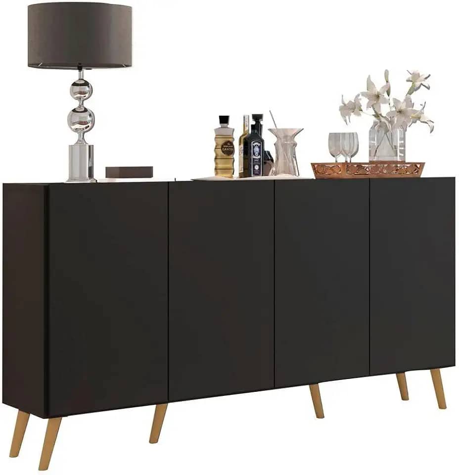 Aparador Buffet 4 Portas com Pés Retrô Veneza Multimóveis Preto.