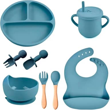 Kit Introdução Alimentar Bebê 8 Peças Prato + Bowl Babador Copo + Tampa com Canudo + 2 Talheres + 2 Talheres Ponta Silicone Cabo de Madeira 100% Silicone Antitóxico Premium (Azul Celeste)