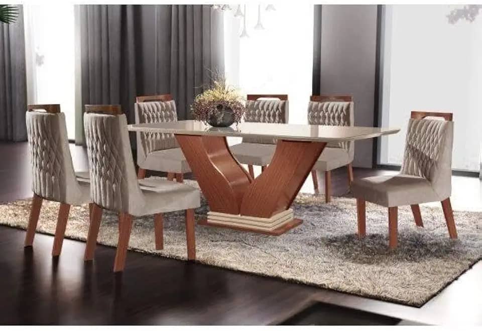 Conjunto Sala de Jantar Mesa com Tampo de Vidro Safira 6 Cadeiras Atena Lj Móveis Castanho Premio/Off White/Pena Bege