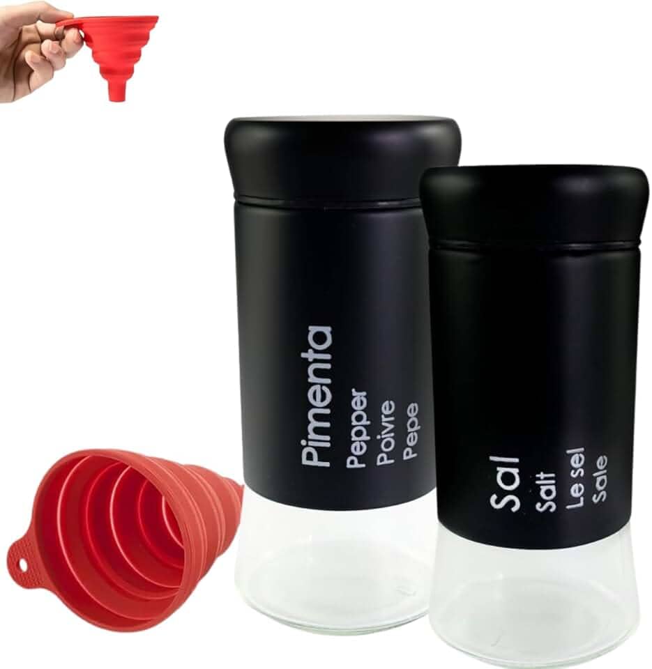 Kit Premium Saleiro e Pimenteiro com Funil de Silicone Saleiro Vidro Saleiro Inox Porta Sal Saleiro de mesa Saleira - Bertaglia® (Preto)
