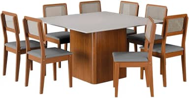 Conjunto Sala de Jantar Mesa Quadrada Montevideo 1,36m C/ 8 Cadeiras Santiago Madeirado/Cinza Dobuê