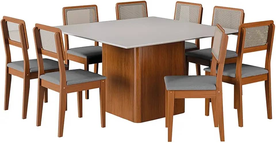 Conjunto Sala de Jantar Mesa Quadrada Montevideo 1,36m C/ 8 Cadeiras Santiago Madeirado/Cinza Dobuê