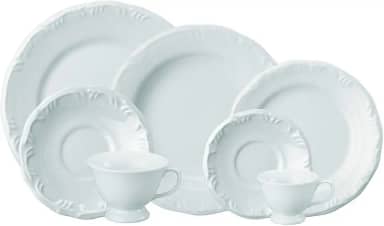 Serviço de Jantar Chá Café 42 peças em Porcelana. Modelo Redondo com Relevo Pomerode. Branca. Fabricado pela Schmidt.