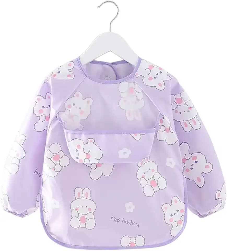 Babador Manga Longa Impermeável com Cata-Migalhas - Coelhinho Branco