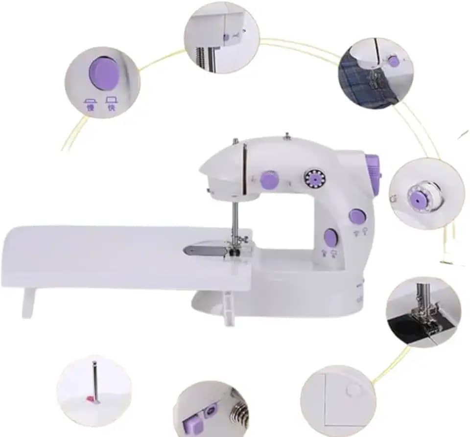 Mini Máquina de Costura Portátil, 2 Velocidades, Bivolt, Compacta com Pedal, Branca e Lilás