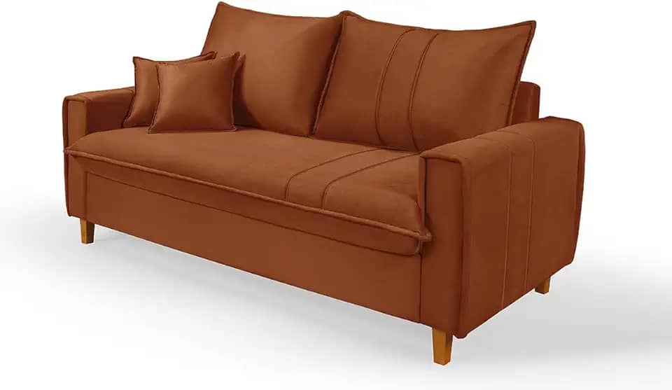 Sofá Living com Bau Multiuso 3 Lugares Suede Pes em Madeira (TerraCota)