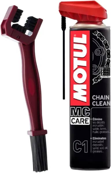 SPRAY PARA LIMPEZA DE CORRENTES ON/OFF ROAD - MOTUL - C1 CHAIN CLEAN - 400 ML + ESCOVA PARA LIMPAR CORRENTES DE TRANSMISSÃO BERING