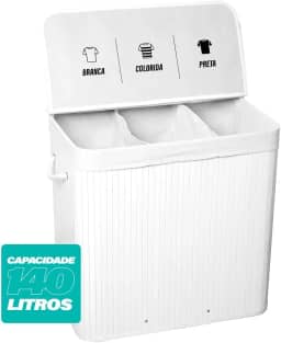 Cesto de Roupas Com Divisória Roupeiro Bambu Branco Artiko Family Organizador Triplo Com Tampa 140L