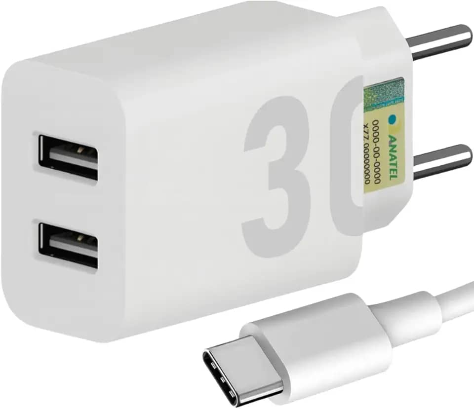 Carregador Turbo 30W Ultra Rápido Tipo C e 2 USB Com Carregamento Rápido + Cabo Tipo C Compatível Com Todos Aparelhos USB-C Acabamento Premium