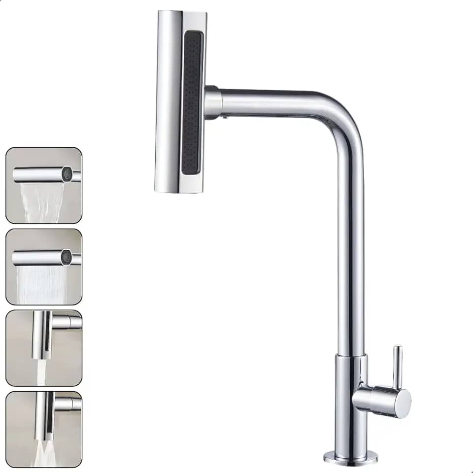 Torneira Gourmet Cozinha 4 Jatos Rotativa Aço Inoxídável - SOFT INOX (BANCADA, CROMADO)