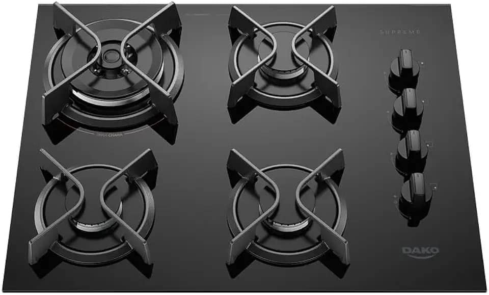 Cooktop 4 Bocas a Gás Dako Supreme com Queimador Tripla Chama e Mesa de Vidro Temperado Preto Bivolt