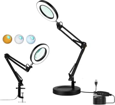 Luminária LED com Lupa e Ring Light, Articulada para Mesa Bancada, 3 Modos de Cor, Aumento 10X, com Garra Base Mesa e Controle de Intensidade, Preta