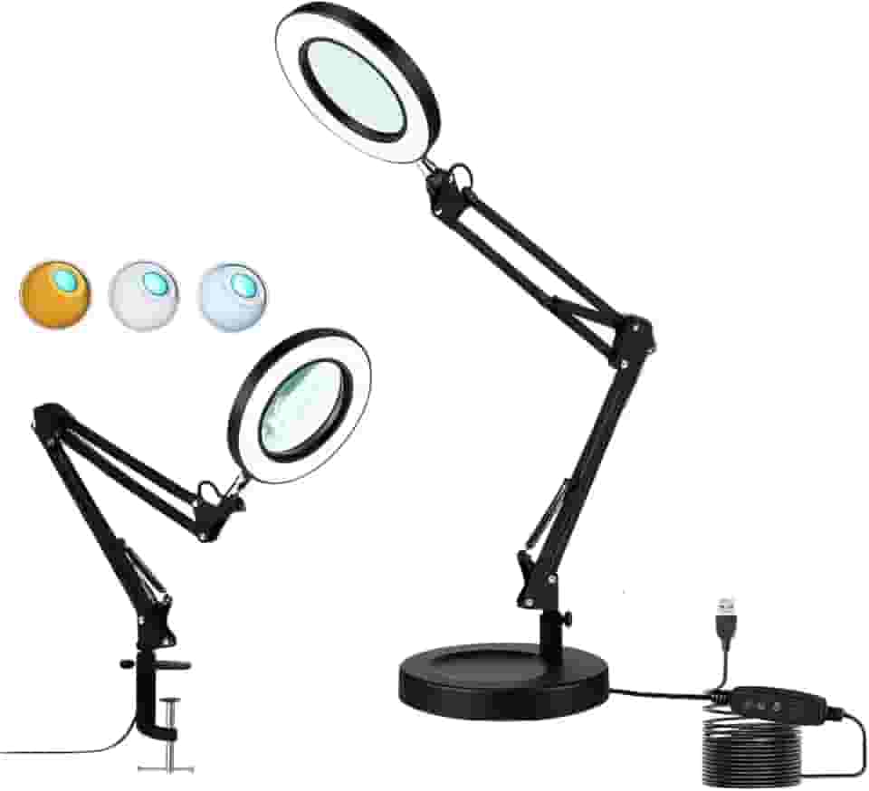 Luminária LED com Lupa e Ring Light, Articulada para Mesa Bancada, 3 Modos de Cor, Aumento 10X, com Garra Base Mesa e Controle de Intensidade, Preta